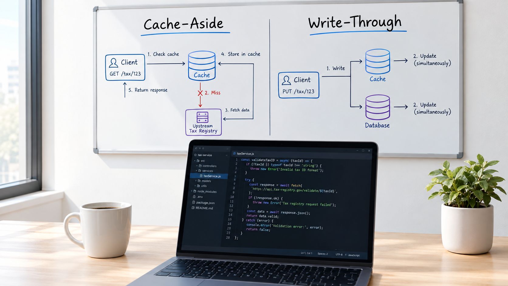 A whiteboard displays cache-aside and write-through caching patterns while a laptop shows Node.js tax service code.