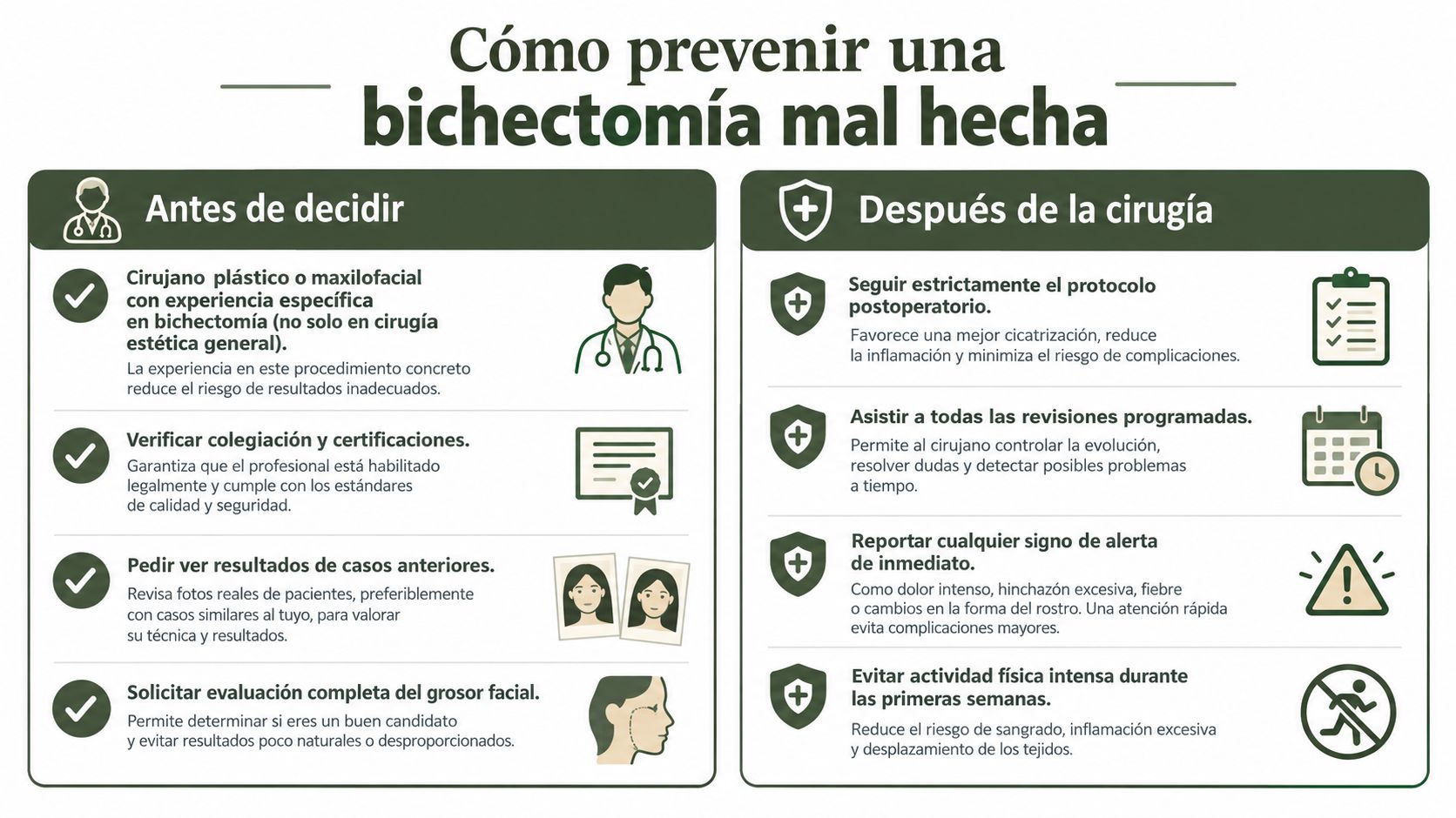 Infografía sobre cómo prevenir complicaciones tras una bichectomía, incluyendo consejos médicos antes y después de la cirugía.