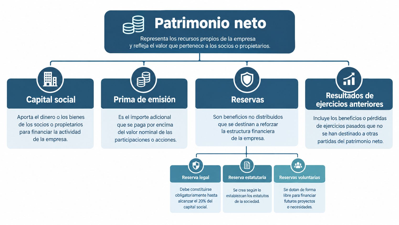 Diagrama de flujo que explica los componentes principales que integran el patrimonio neto de una empresa.