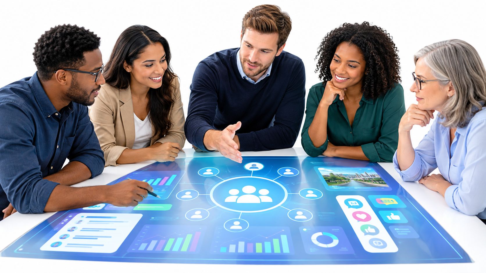 A diverse business team collaborating around a digital interactive table featuring social network data visualizations.