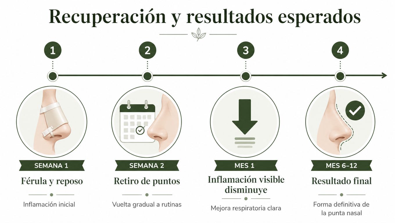 Cronograma visual de cuatro etapas para la recuperación postoperatoria de una cirugía de rinoplastia funcional paso a paso.