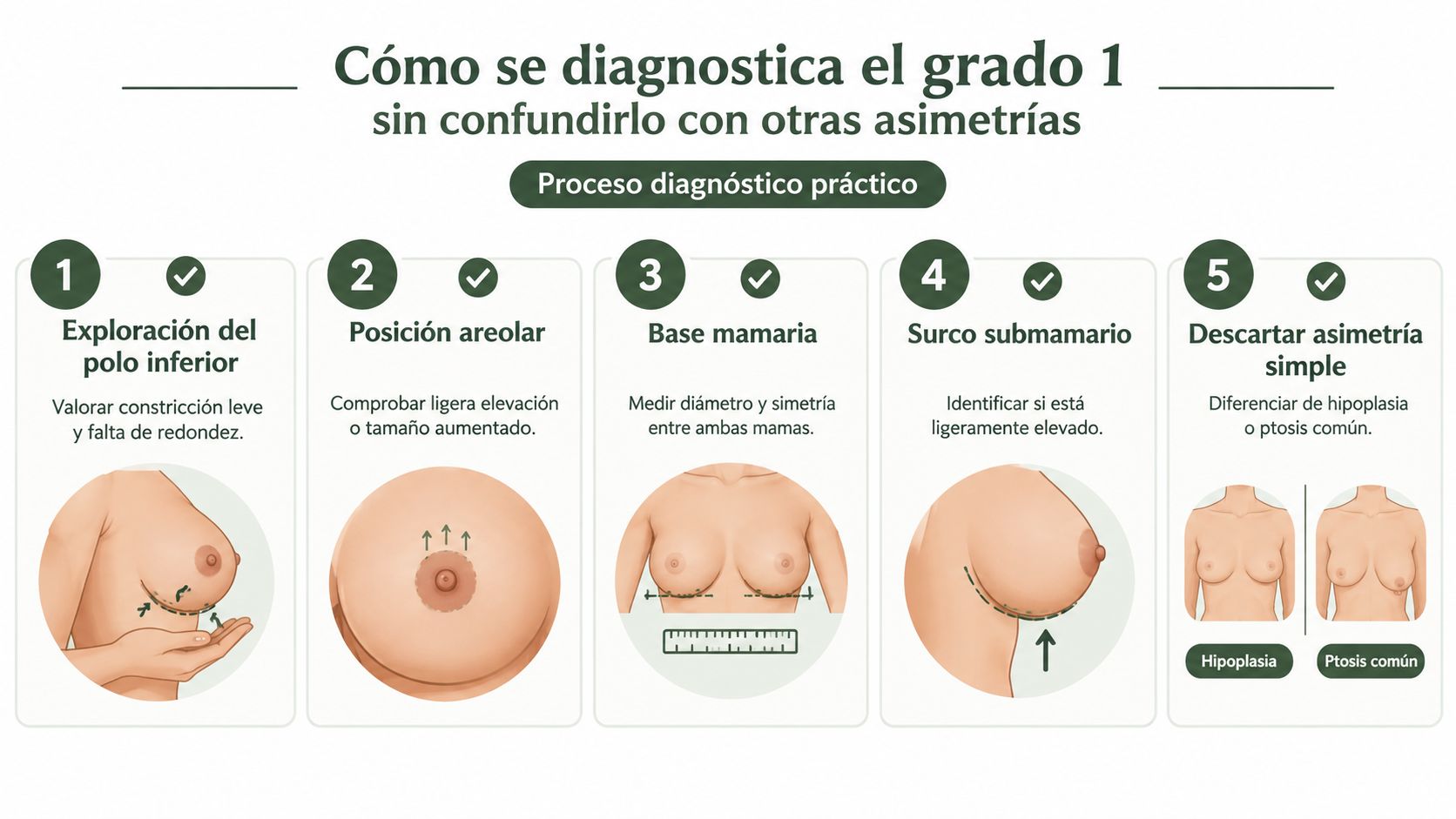 Infografía sobre el proceso diagnóstico práctico para identificar las mamas tuberosas de grado 1 correctamente.