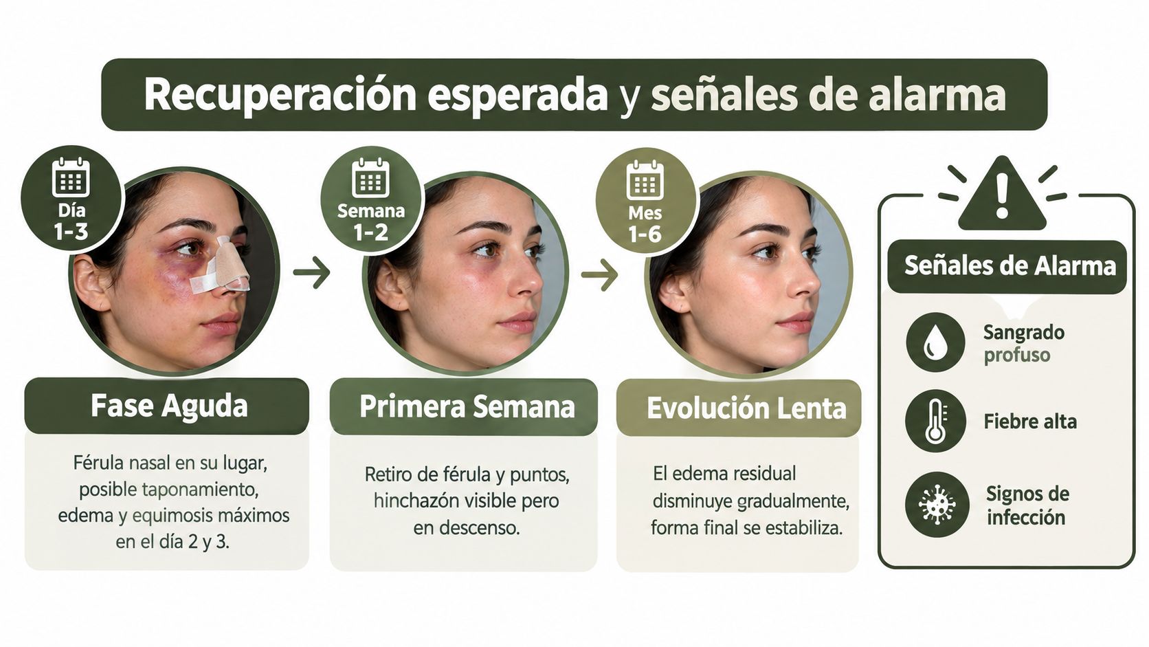 Infografía sobre el proceso de recuperación postoperatoria tras una cirugía de rinoplastia con sus fases y alertas.