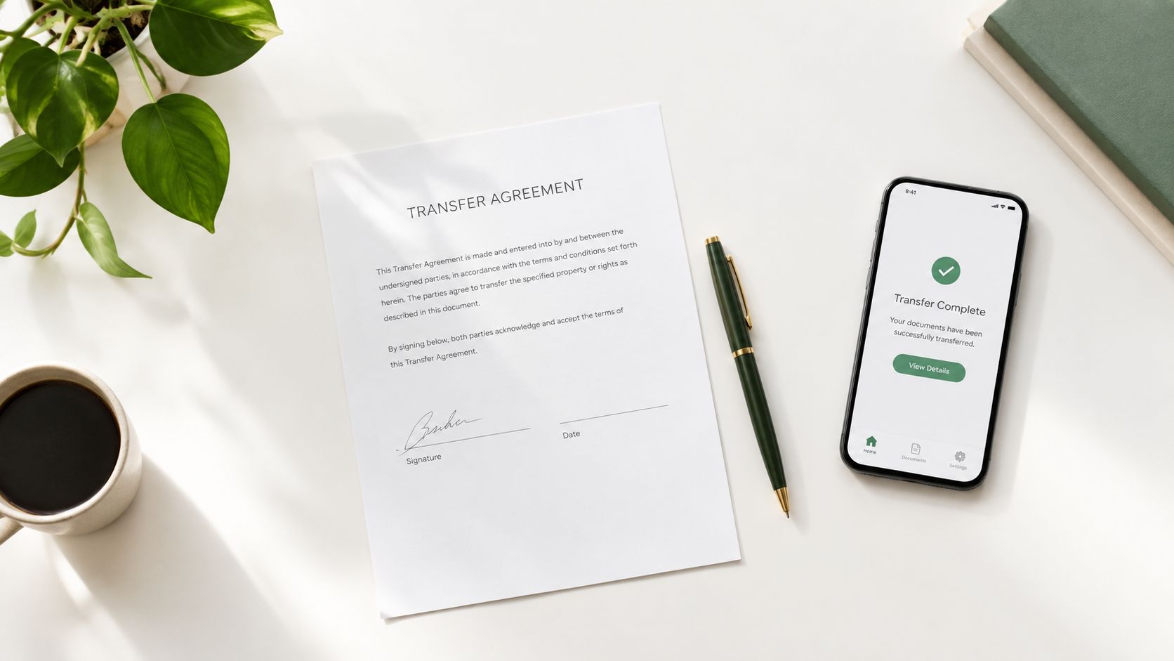Documento de acuerdo de transferencia sobre una mesa junto a una pluma y un teléfono móvil.