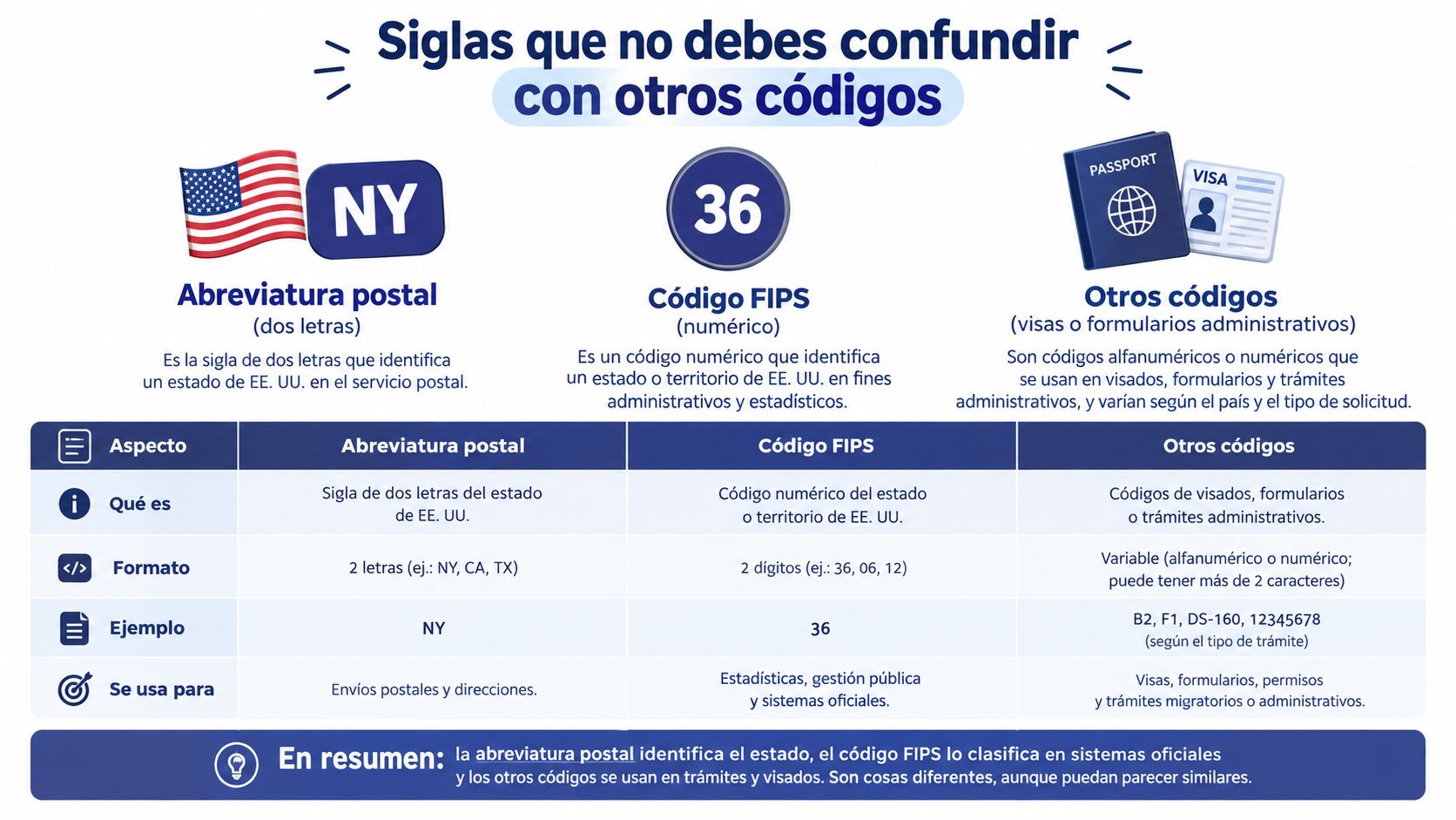 Tabla comparativa explicando las diferencias entre abreviaturas postales, códigos FIPS y otros códigos administrativos de Estados Unidos.