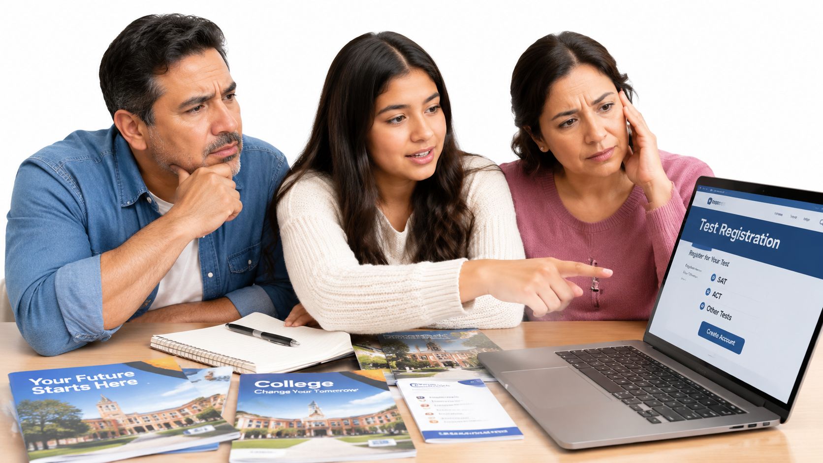 Una familia sentada frente a una computadora portátil revisando información sobre el registro para exámenes universitarios.
