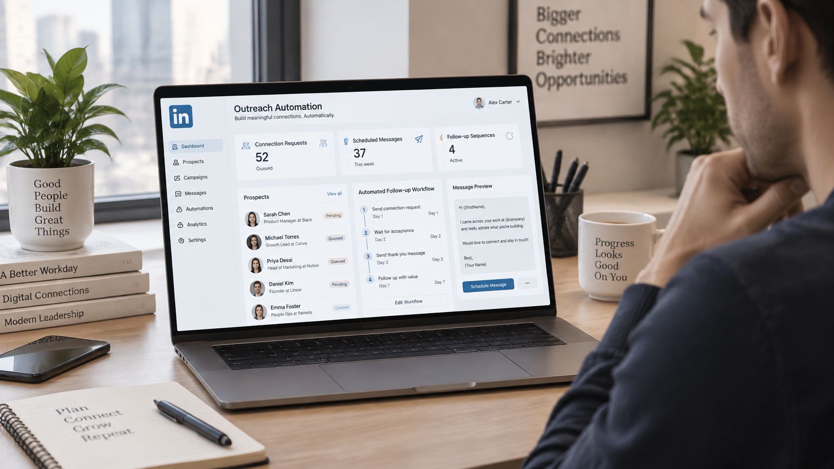 A professional working on a laptop showcasing a LinkedIn outreach automation software dashboard with workflow settings.