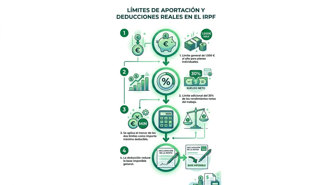 Infografía sobre los límites de aportación y deducciones fiscales en planes de pensiones para el IRPF español.