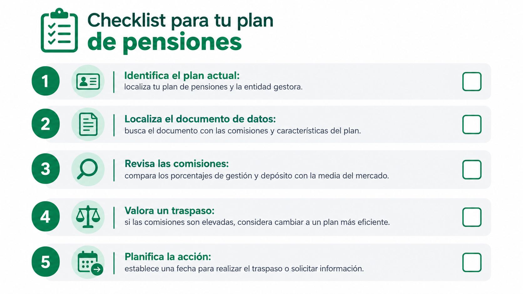 Lista de verificación numerada con cinco pasos esenciales para revisar y optimizar su plan de pensiones personal.