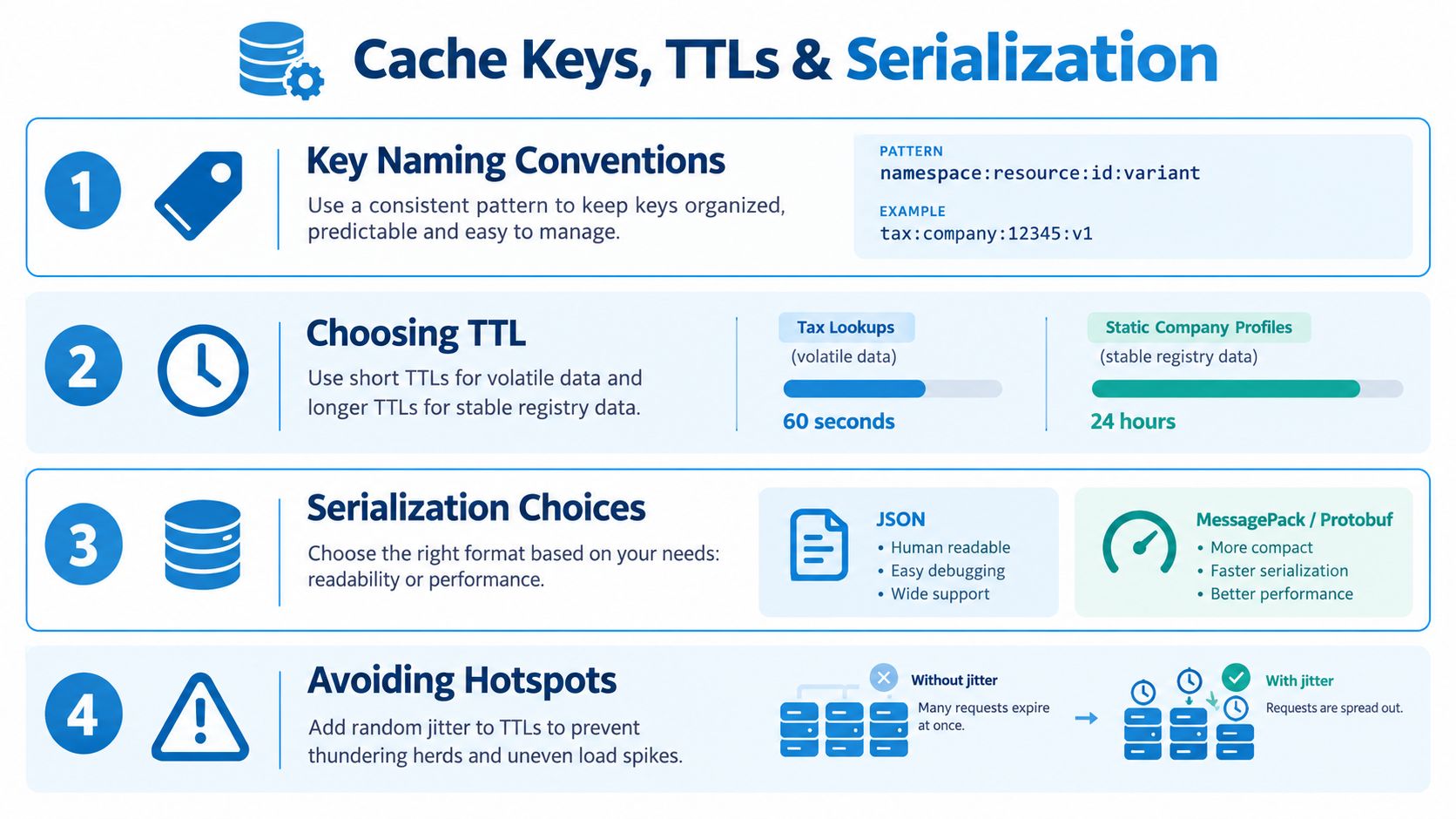 An infographic titled Cache Keys, TTLs, and Serialization displaying four key strategies for effective software caching.