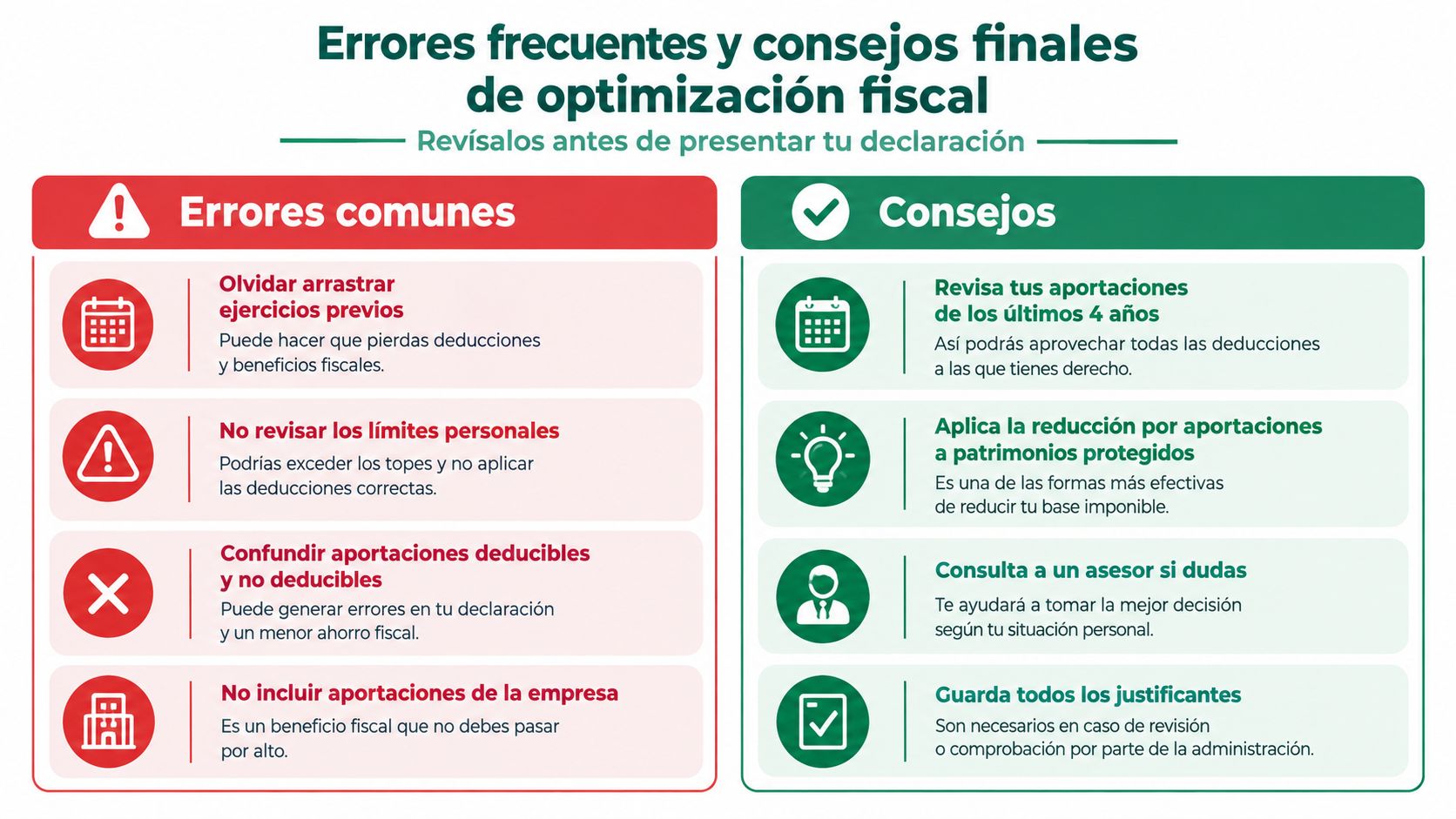 Infografía con errores frecuentes y consejos clave para la optimización fiscal antes de presentar la declaración.