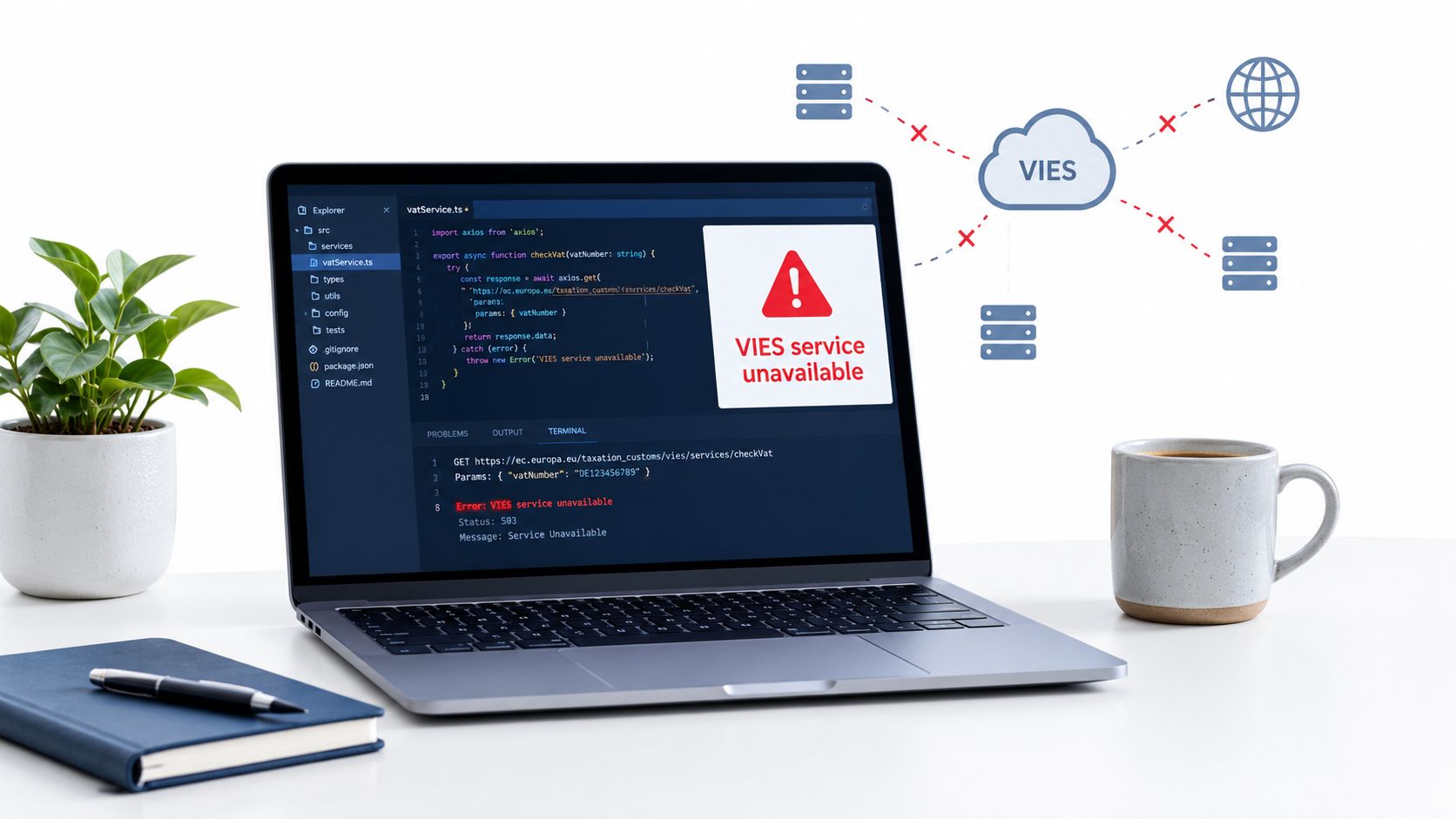 A laptop screen displaying code with a VIES service unavailable error message and server connection icons.
