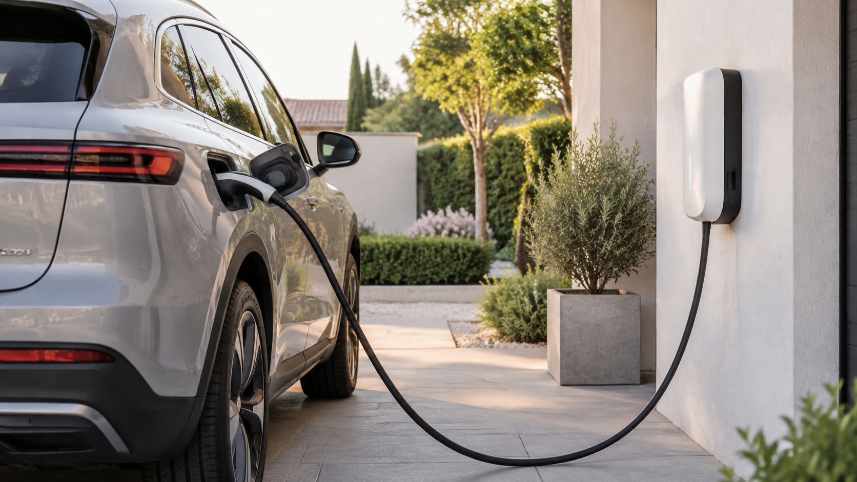 Un coche eléctrico cargándose en casa con un cargador de pared moderno en un entorno residencial soleado.