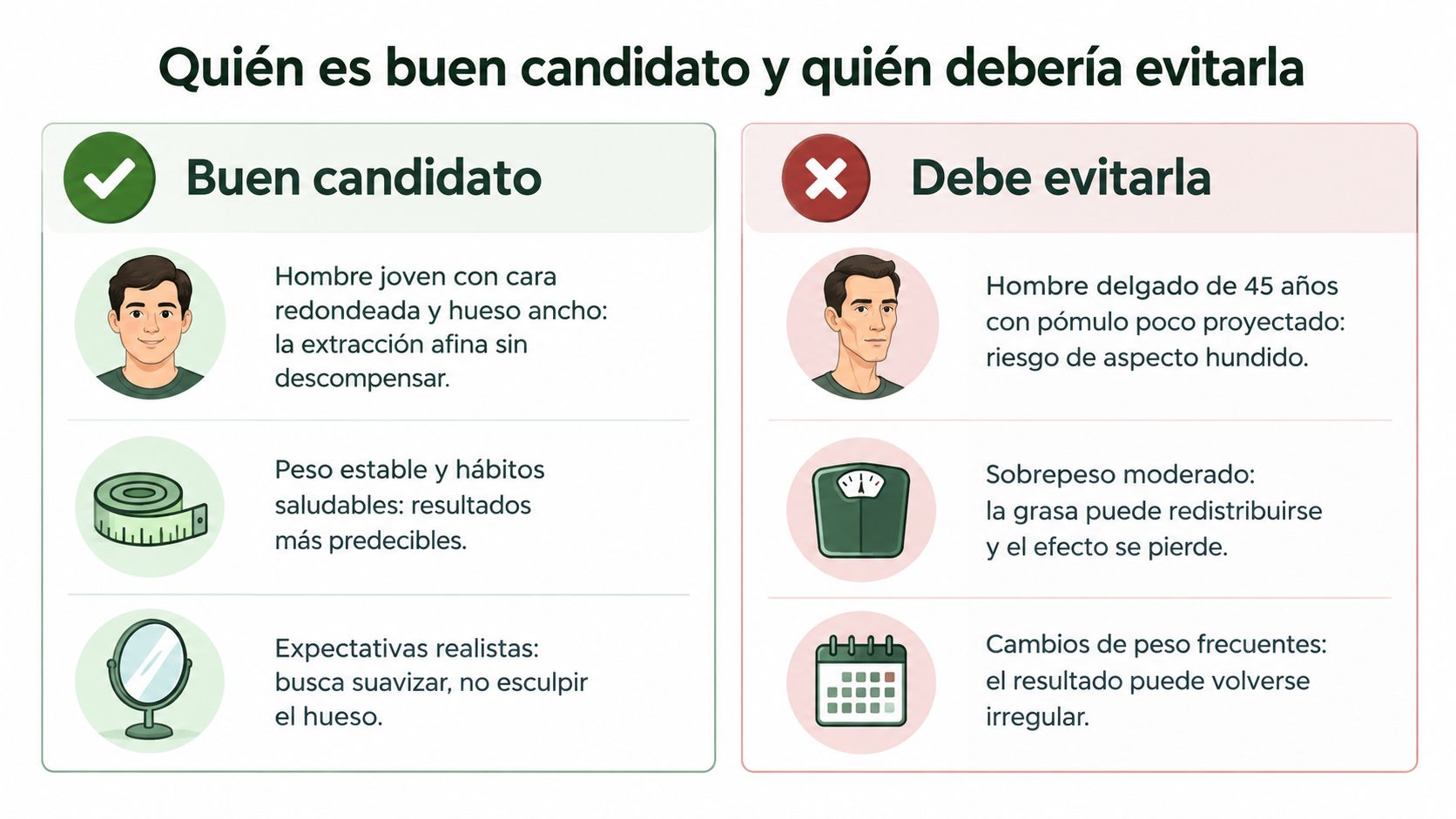 Infografía sobre los candidatos ideales y contraindicaciones para realizarse una bichectomía en hombres.