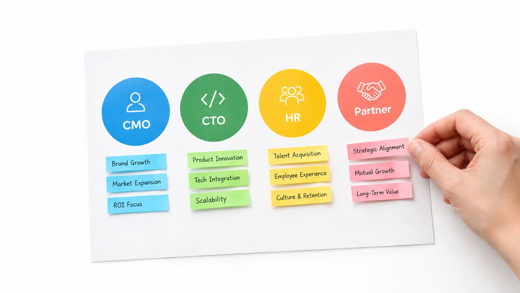 A hand placing a note labeled Strategic Alignment beneath a Partner icon in a business organization chart.