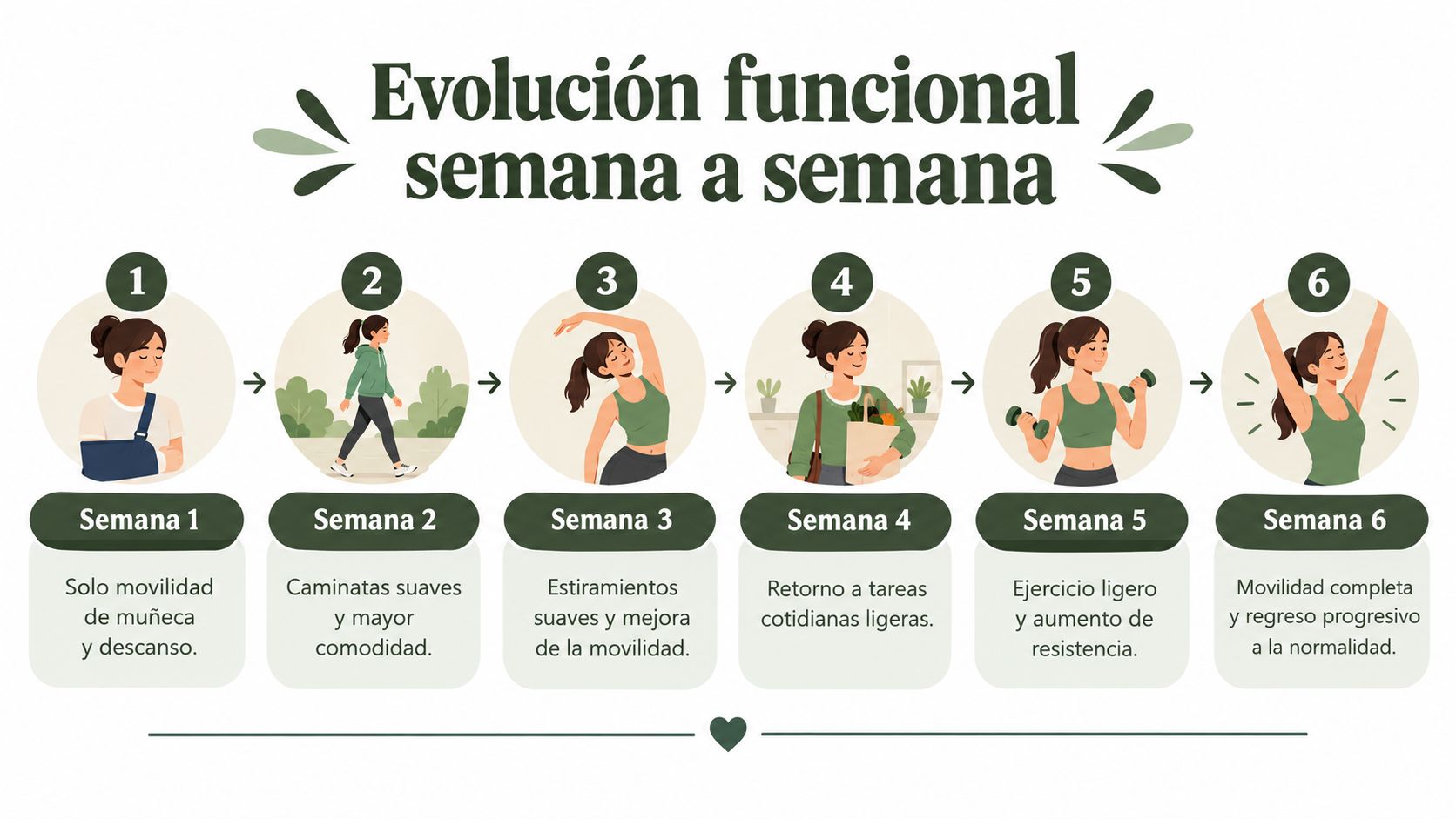 Infografía que muestra la evolución funcional semanal tras una braquioplastia, detallando la recuperación paso a paso.