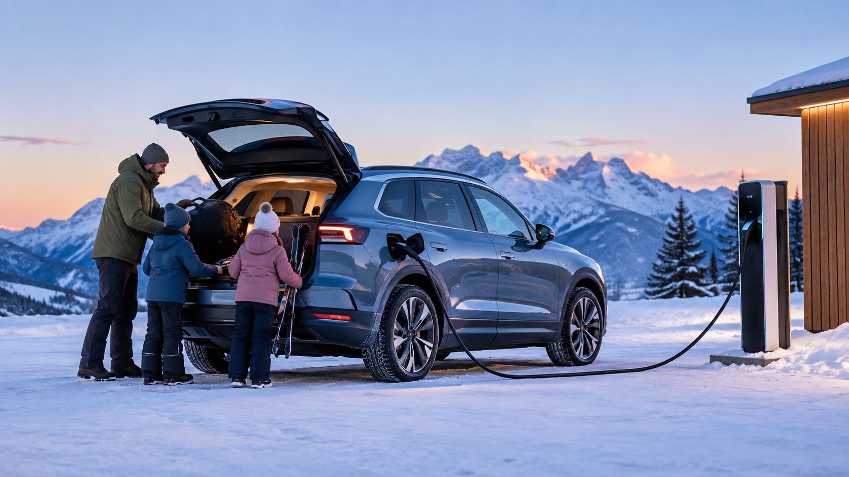 Padre e hijos cargando un coche eléctrico familiar en un paisaje montañoso nevado durante el invierno.