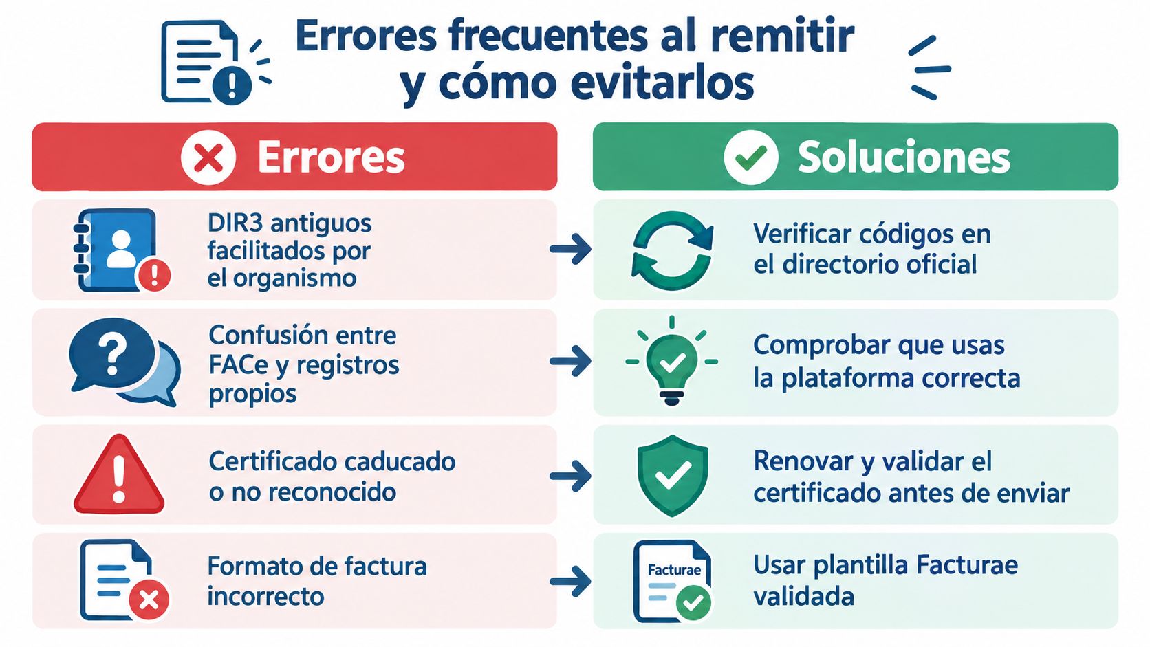 Infografía sobre errores frecuentes al enviar facturas electrónicas y sus soluciones para evitar problemas en el proceso.