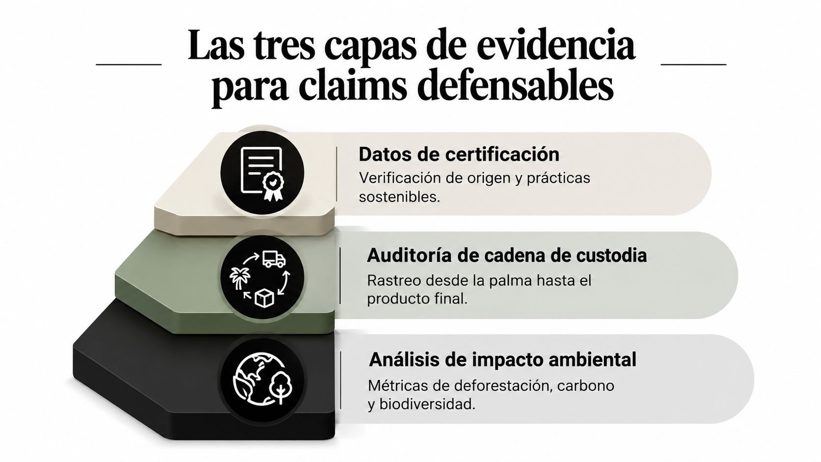 Infografía mostrando tres capas de evidencia para verificar claims sobre sostenibilidad en la producción de palma.