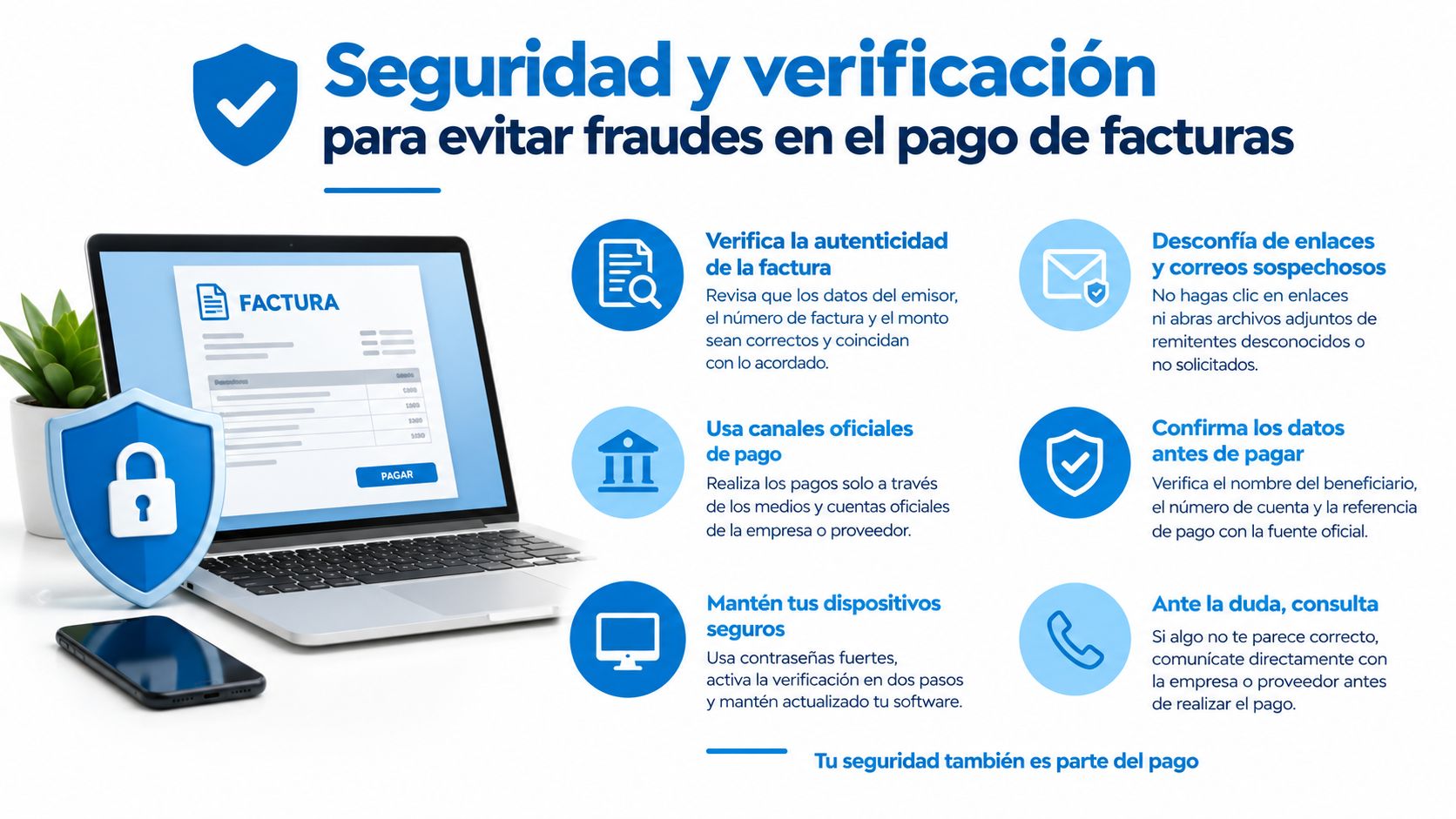 Infografía sobre seguridad y verificación para evitar fraudes al momento de pagar facturas en línea.