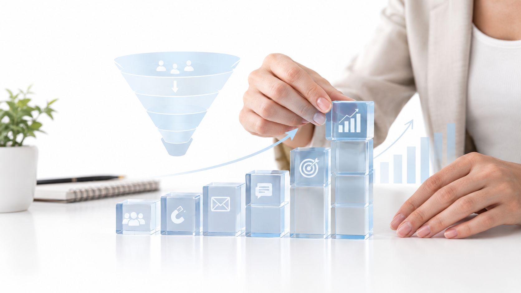 A person stacking transparent digital business cubes showing marketing funnel icons and growth charts on a table.