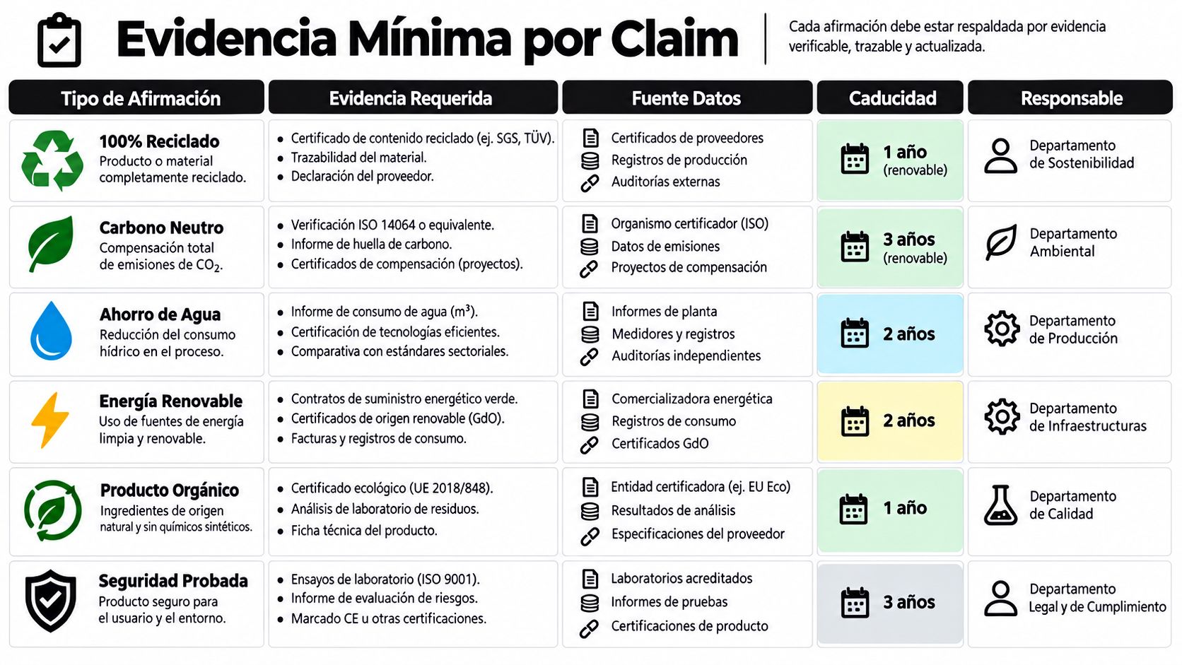 Tabla informativa que detalla la evidencia mínima requerida para respaldar claims de sostenibilidad y seguridad ambiental empresarial.