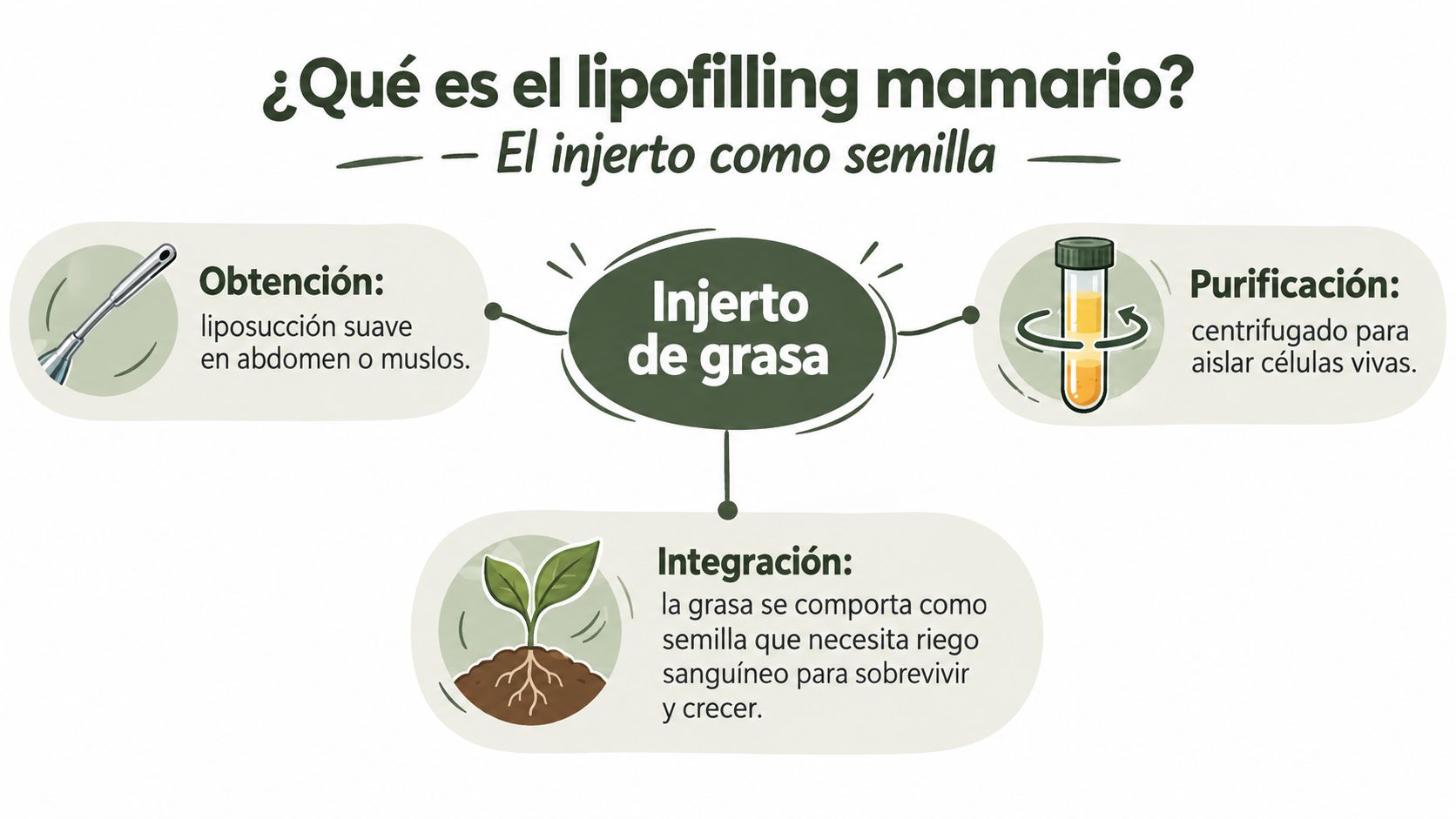 Infografía sobre el procedimiento de lipofilling mamario, mostrando los pasos de obtención, purificación e integración de grasa.