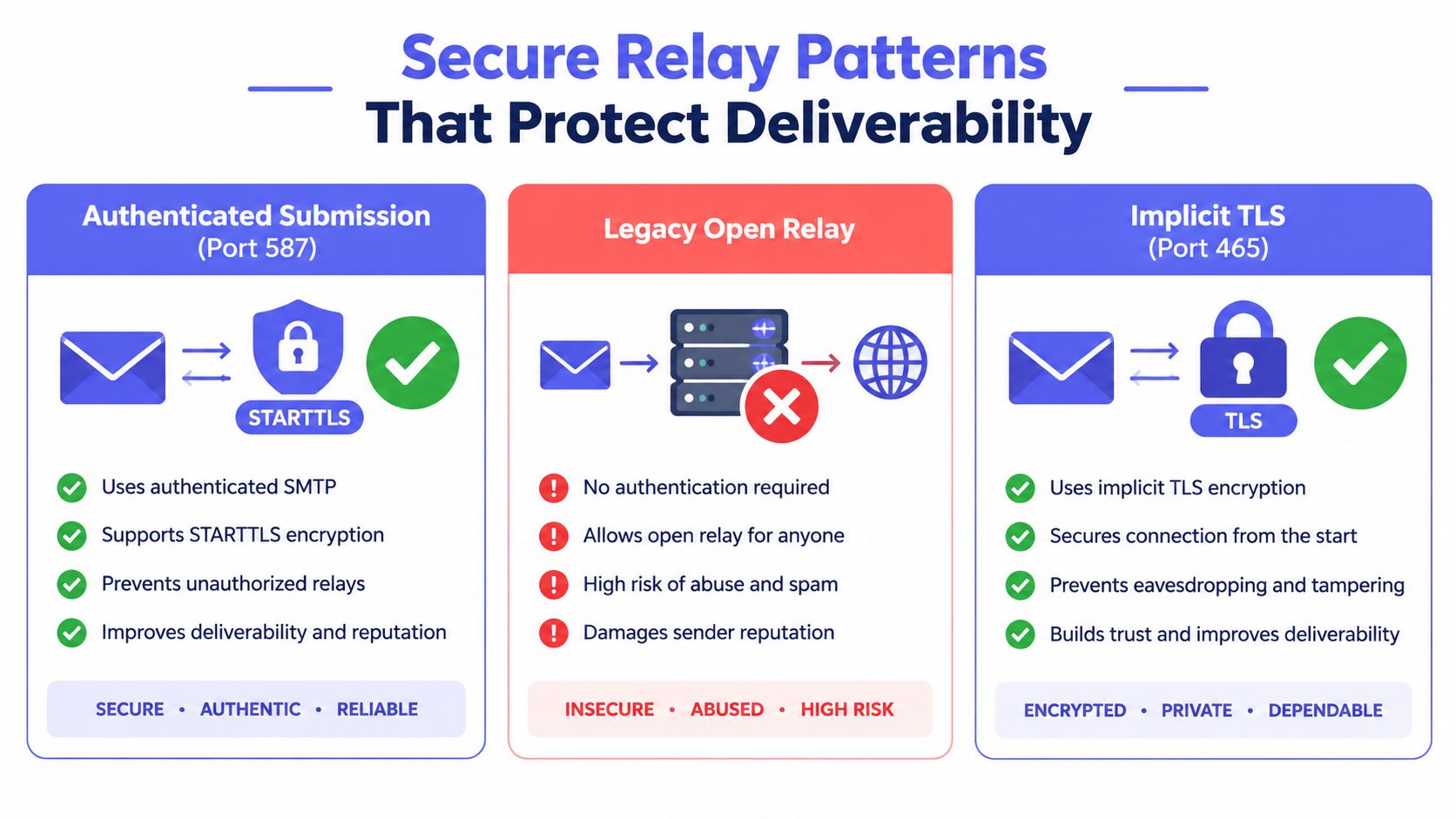 A comparison chart showing secure email relay patterns including Authenticated Submission, Legacy Open Relay, and Implicit TLS.