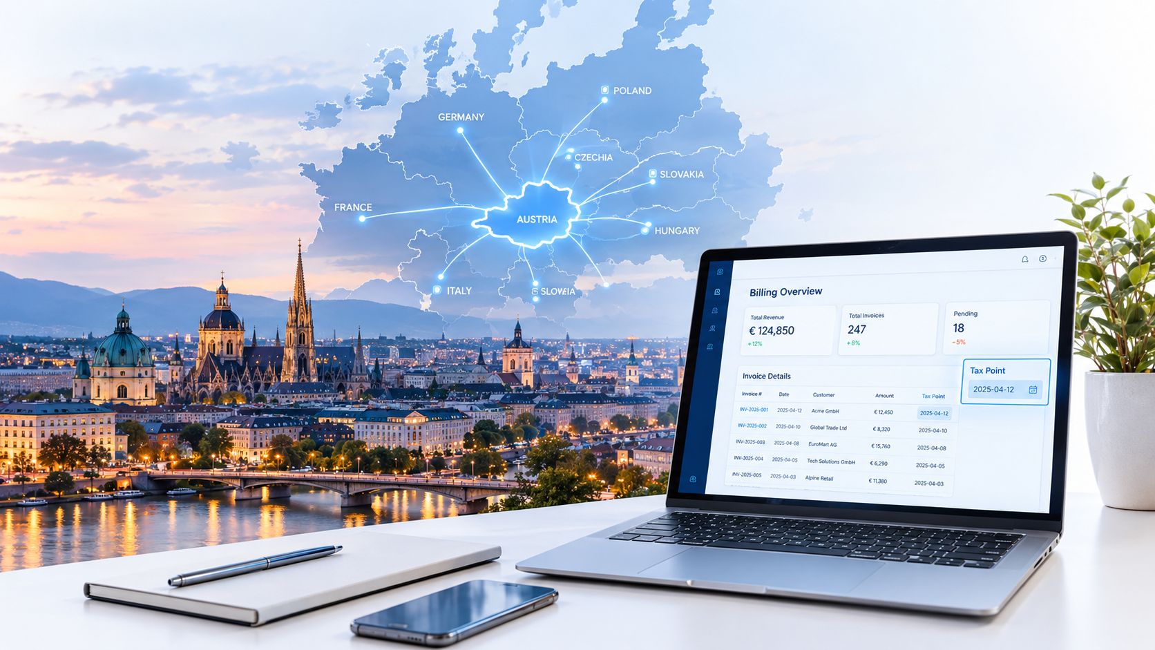 A laptop on a desk showing billing software with a map of Austria and surrounding countries overlaid.