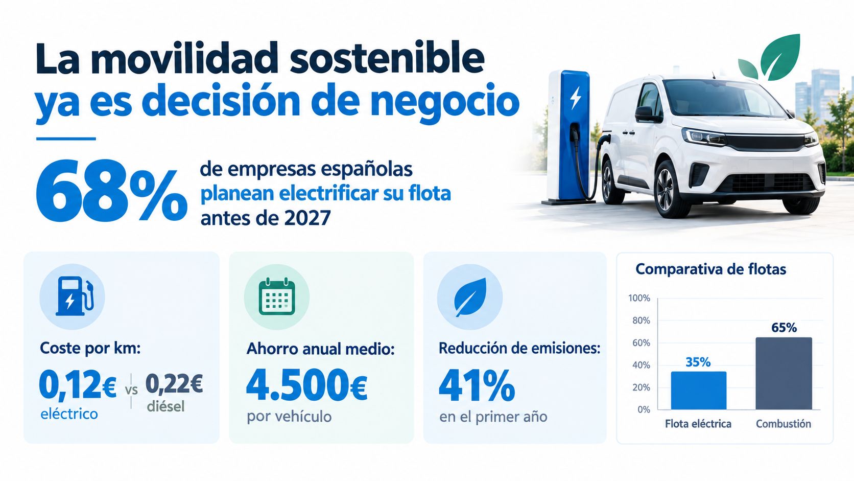Una infografía sobre movilidad sostenible mostrando beneficios económicos y ambientales de electrificar flotas en empresas españolas.