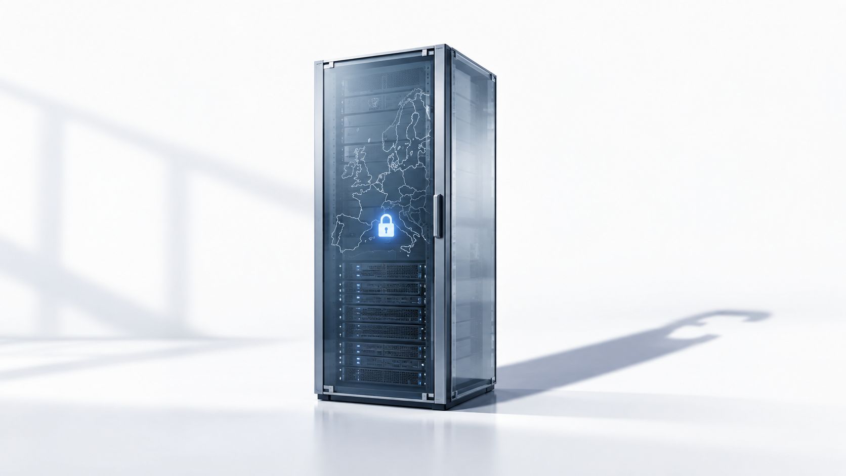 A server rack with a digital map of Europe and a security lock icon.