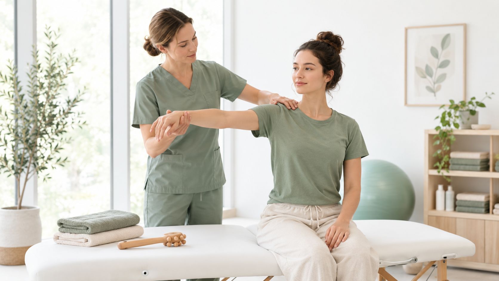 Una fisioterapeuta realiza ejercicios de rehabilitación en el brazo de una paciente en una clínica moderna.