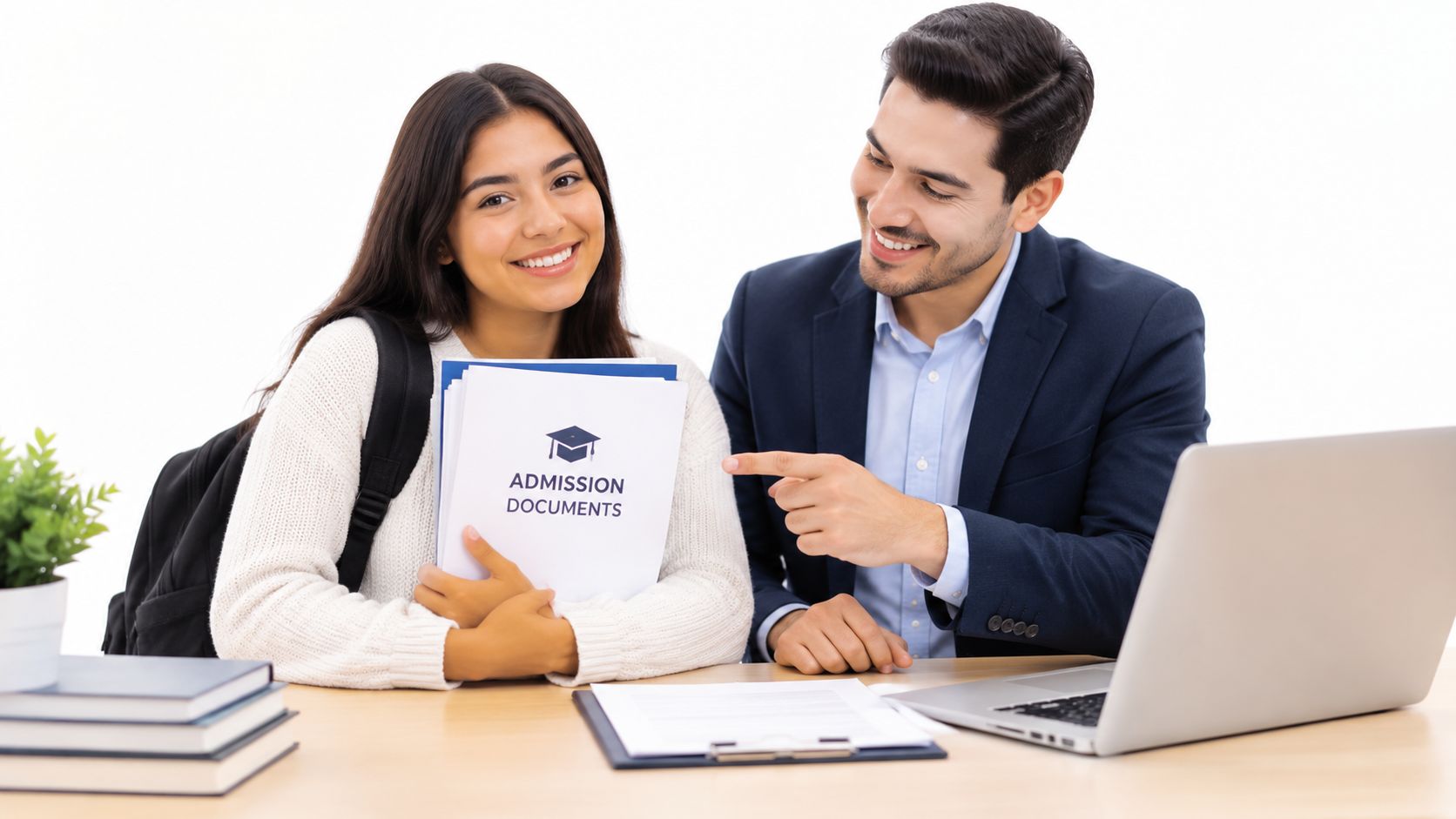 Una estudiante sonriente sostiene documentos de admisión junto a un asesor académico que le explica el proceso.