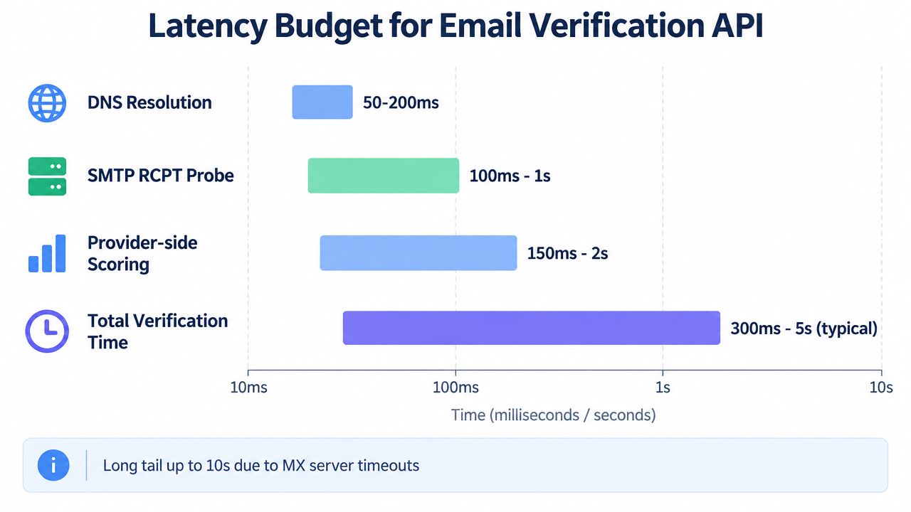 A chart showing the typical latency budget for an email verification API, ranging from milliseconds to seconds.