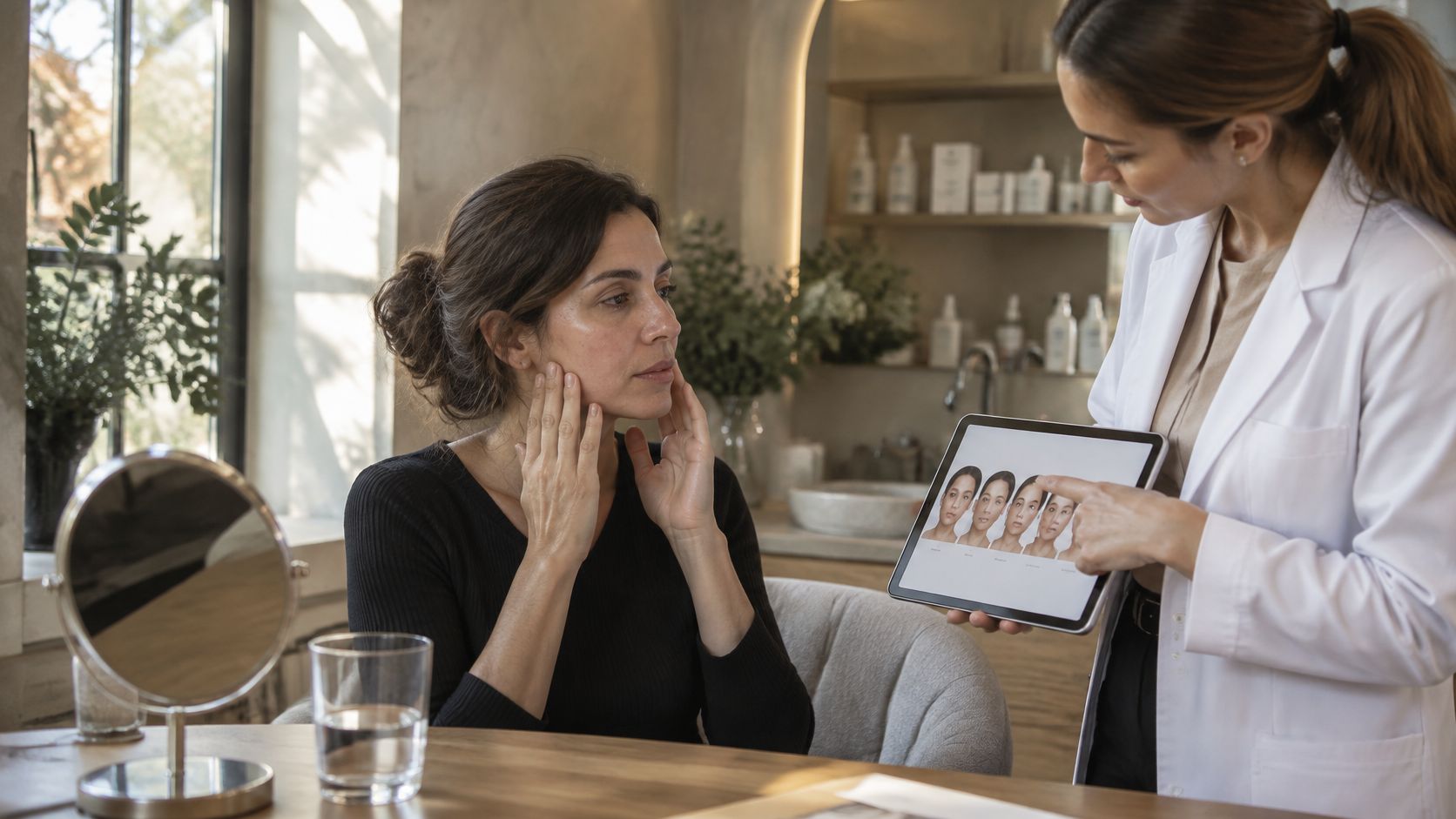 Una doctora explica los resultados de un procedimiento estético facial a una paciente en una consulta médica.
