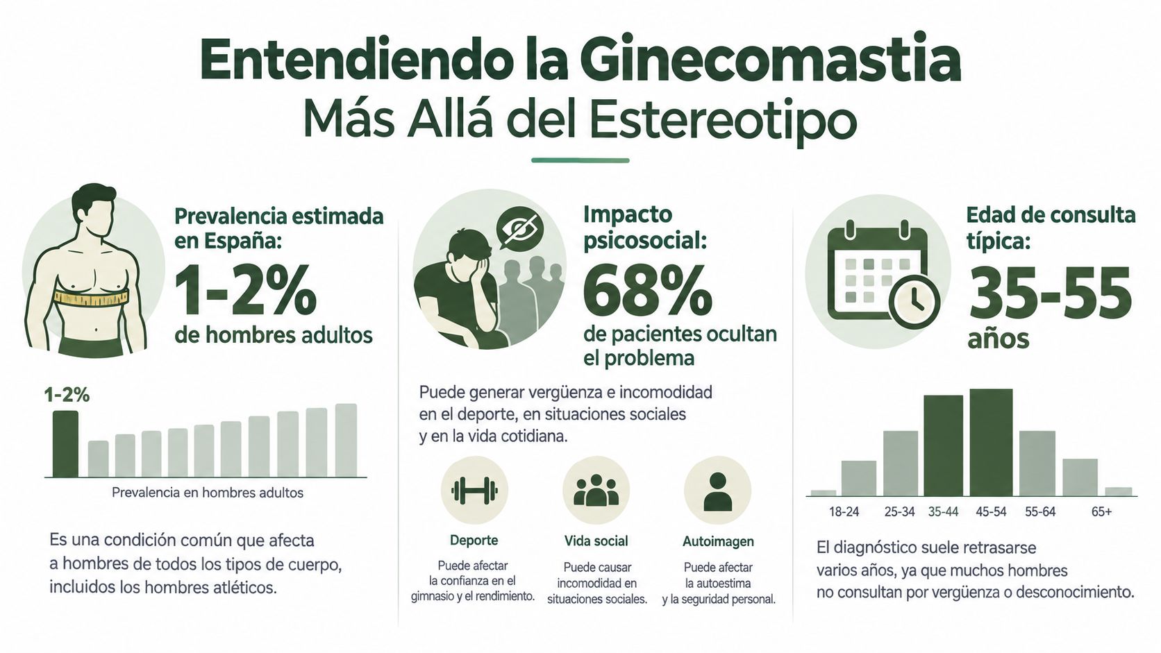 Infografía sobre la ginecomastia, explicando su prevalencia, impacto psicosocial y edades comunes de consulta médica.