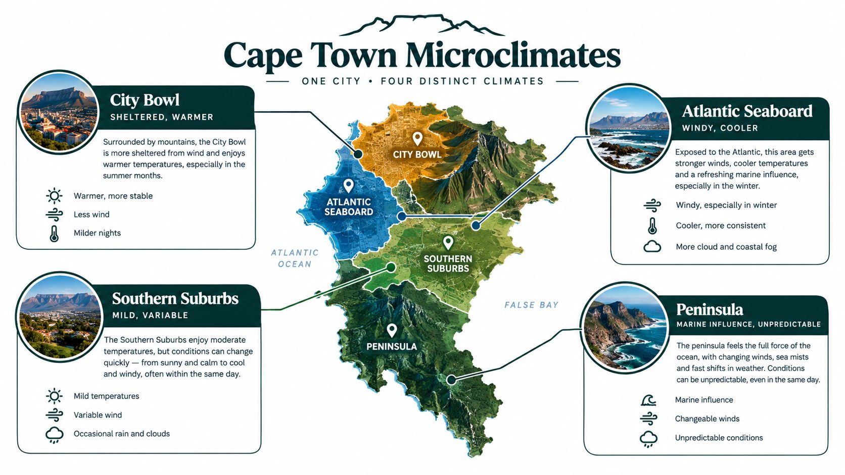 A map of Cape Town divided into four distinct microclimate zones with detailed descriptions of local weather.