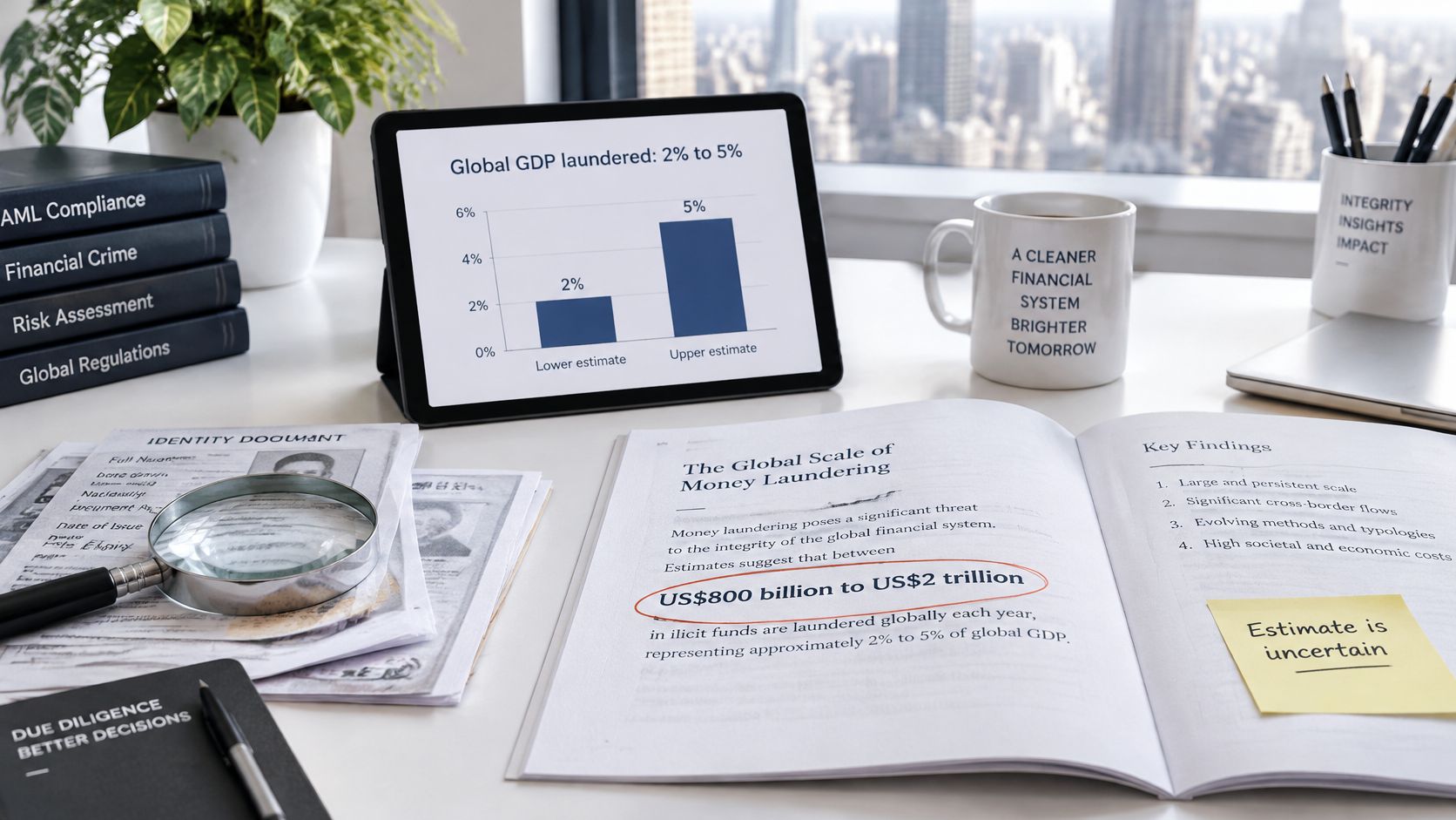 A professional desk featuring a tablet displaying money laundering charts, books, documents, and an analytical report.