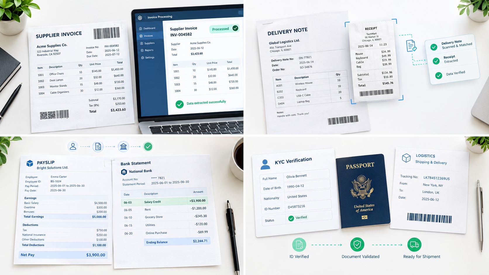 A digital interface illustrating the automated processing of various financial and logistics documents such as invoices and passports.