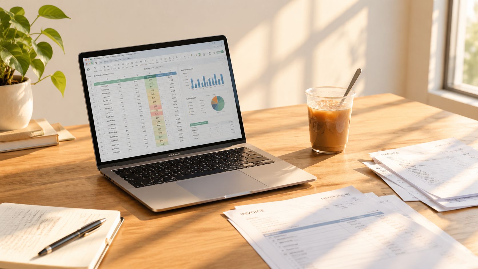 Escritorio de oficina con un ordenador portátil mostrando datos financieros, una taza de café y facturas impresas.