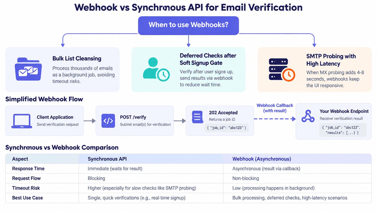 A comparison infographic showing when to use webhooks versus synchronous APIs for email verification processes.