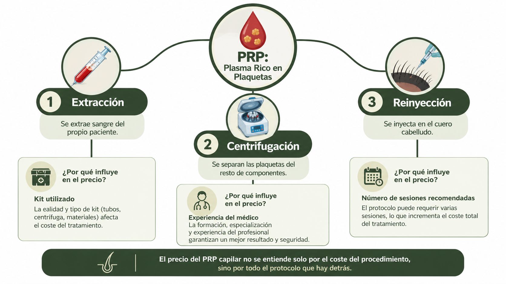 Infografía sobre el procedimiento de Plasma Rico en Plaquetas (PRP) capilar y los factores que influyen en su precio.