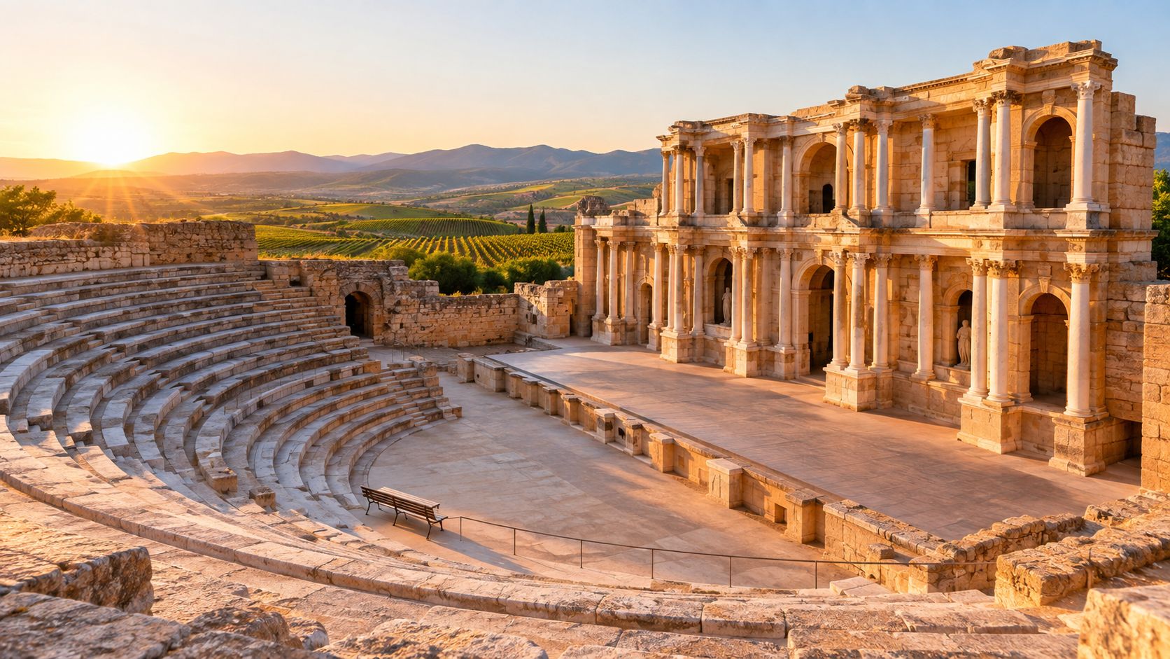 A scenic view of the ancient Roman theater ruins of Ephesus illuminated by a golden sunset.