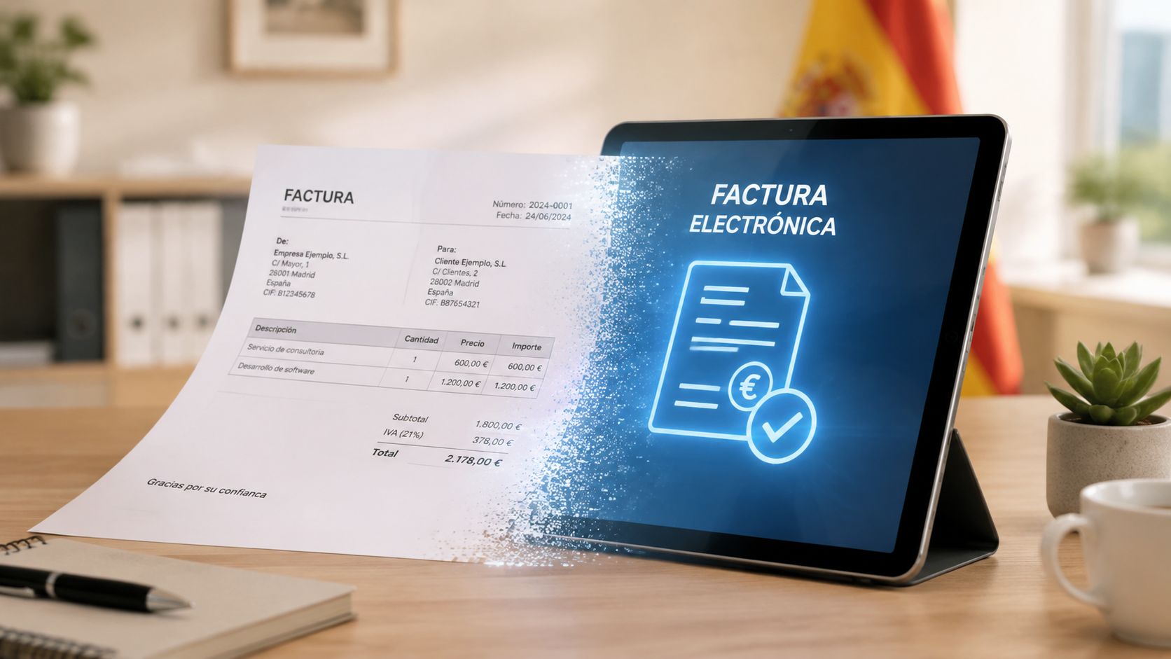 Una tableta electrónica mostrando un icono de factura digital junto a una factura impresa en papel.