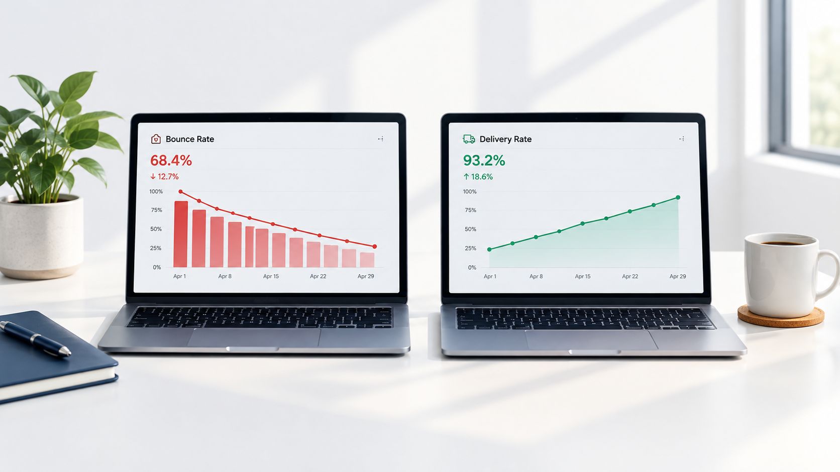Two laptops side by side displaying positive business metric trends for bounce rate and delivery rate.