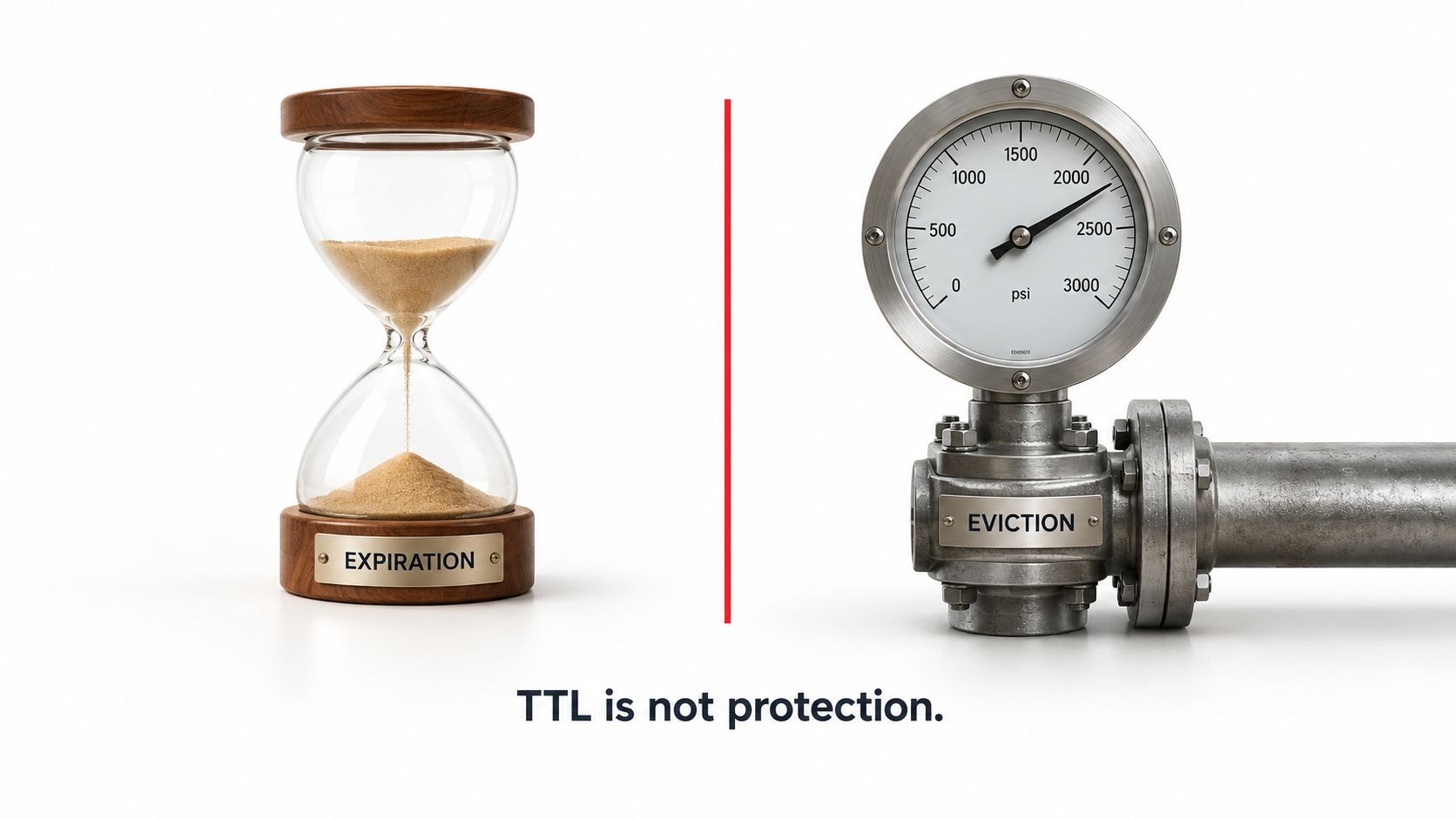 Conceptual image illustrating data management featuring an hourglass labeled expiration and a pressure gauge labeled eviction.