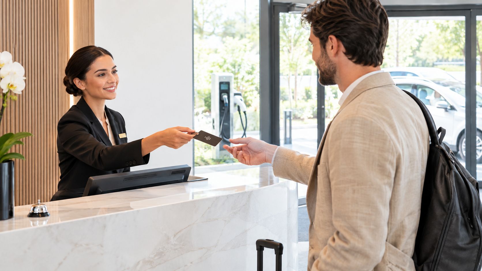 Una recepcionista entrega una tarjeta RFID de carga de coche eléctrico a un cliente en el hotel.