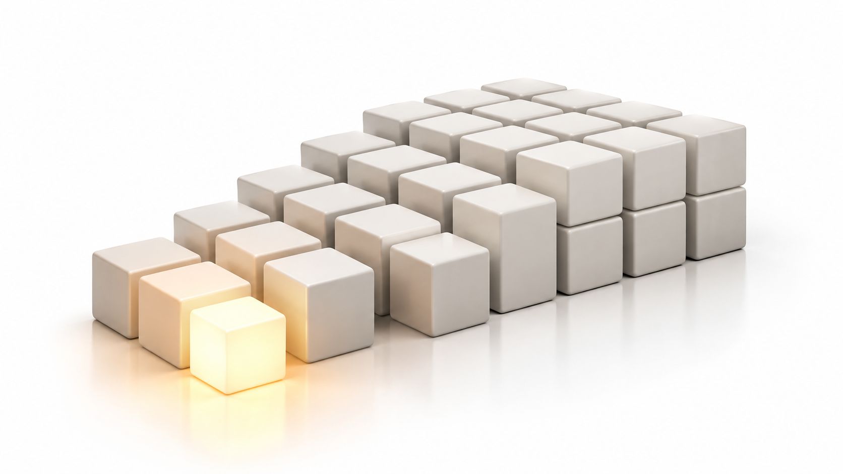 A group of light gray cubes arranged in rows with one single illuminated glowing cube in front.