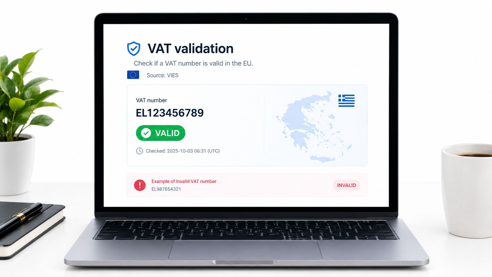 A laptop screen displaying a valid Greek VAT number verification result on a clean office desk.