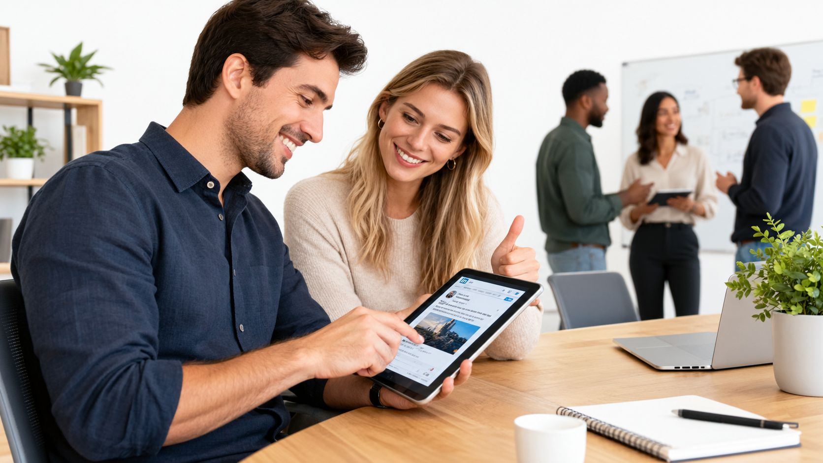 A smiling male and female colleague collaborating on a tablet in a modern professional office workspace.